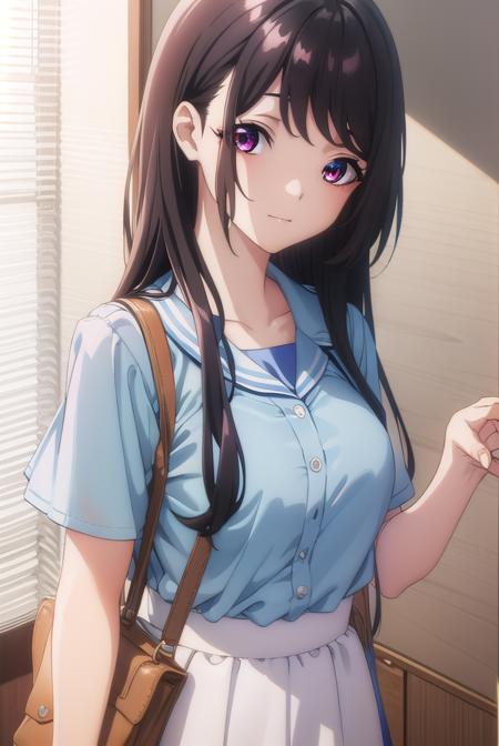 kaorihoujou, <lora:kaori houjou s1-lora-nochekaiser:1>,
kaori houjou, long hair, bangs, (black hair:1.5), (red eyes:1.2), sidelocks, smile,
BREAK skirt, shirt, collarbone, short sleeves, bag, blue skirt, yellow shirt, handbag,
BREAK indoors, classroom,
BREAK looking at viewer, (cowboy shot:1.5),
BREAK <lyco:GoodHands-beta2:1>, (masterpiece:1.2), best quality, high resolution, unity 8k wallpaper, (illustration:0.8), (beautiful detailed eyes:1.6), extremely detailed face, perfect lighting, extremely detailed CG, (perfect hands, perfect anatomy),