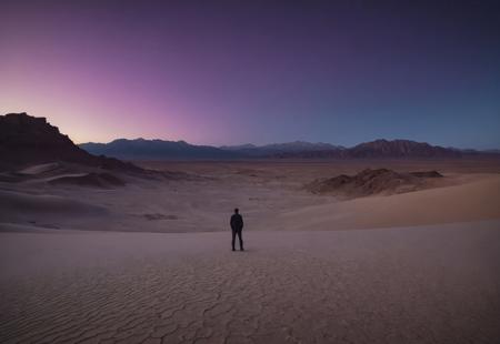 Wide shot of a Man’s silhouette Standing far away in the middle of an Empty Desert, A huge hole In the middle of the Desert, Dark purple twilight sky, huge mountains in the background, Sony A7iii, SONY 24MM F1.4 G MASTER LENS, iso 100, 24mm focal length, f/4 ,Kodak Motion Picture Film Style