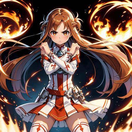 masterpiece,best quality,highly detailed,1girl,solo,serious,concentrating,v-shaped eyebrows,
<lora:asuna_(sao)_v1:0.7>,aaasuna,long hair,brown hair,braid,brown eyes,bare shoulders,armor,breastplate,white sleeves,detached sleeves,red skirt,pleated skirt,white thighhighs,
BREAK
<lora:xArms:0.4>,(((crossing arms in an X shape,crossed arms,clenched hands))),cross,(((surrounded by dynamic and vivid flames,burning,fire))),