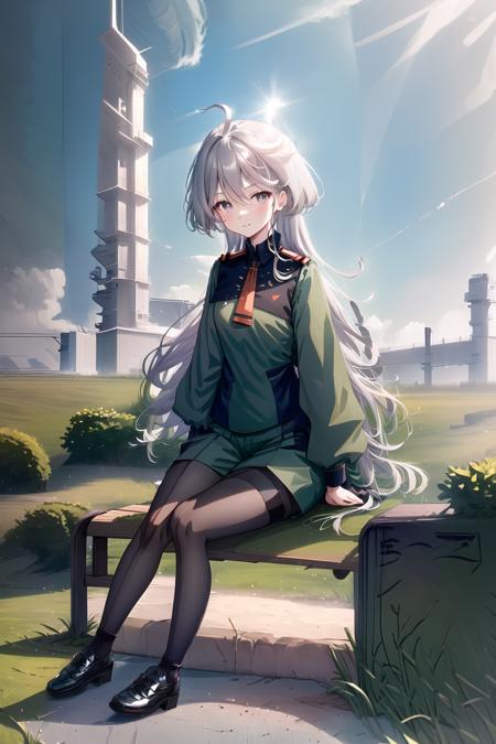 miorine, 1girl, miorine rembran, asticassia school uniform, solo, long hair, grey eyes, grey hair, ahoge, seamed legwear, green shorts, necktie, bangs,black pantyhose, long sleeves, green jacket,  red necktie, fields, pl,ants, sunlight, windmills, Lights, full body, black shoes, happy,sitting, sitting on bench, <lora:Miorine-000009:0.8><lora:doortoinfinity:1.0>