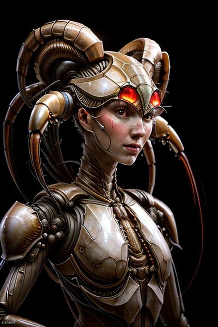 portrait of pearl crab female person (long neck, slender arms)) massive headdress, bio armor, (luminesce glowing) floating particles, insect textures, scifi