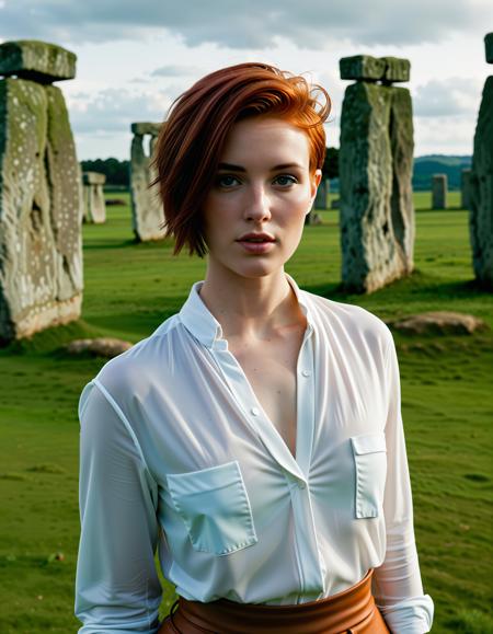 Jane_auburn, RAW full body analogue photo of a beautiful 25 years old auburn haired woman, clear focus, high resolution image, <lora:Jane_Auburn_SDXL-000009:0.6>,wearing E-Girl, (short-hitop-fade-haircut:1.3),low light, soft natural light, Rembrandt style light, Hasselblad DLSR camera, 200mm Zeiss lens, f/2.8, ,Sexy pose, erotic pose, exhibitionism ,The Stonehenge in England with its mysterious stone circle and ancient history