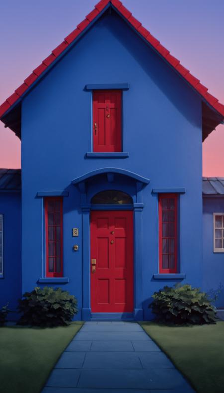 <lora:Mystery_Inc_BackgroundsXL:1> a blue house with a red door establishing shot at dawn