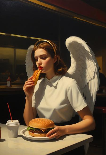 a (female angel with halo:1.5) eating a hamburger in hamburger shop,
deep shadows enhancing mysterious atmosphere, long shot, dim light, (oil painting:1.5), in (abstract art:2.0) style, (by edward hopper:1.4),  directional lighting, masterpiece, perfect composition, abstract glitch, long shot, masterpiece,best quality,very aesthetic, absurdres,