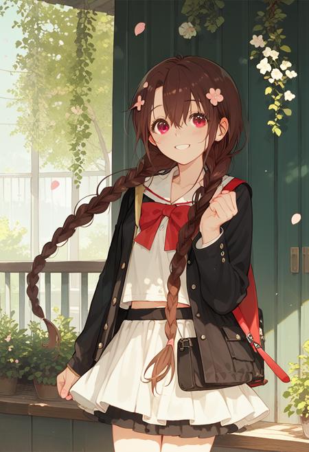 ryuuzaki sakuno, long hair, brown hair, single hair ornament, low twintails, twin braids, very long hair, brown eyes,  make outfits based on the tags that would normally apply to them