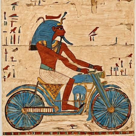 <lora:Ancient_Egypt_Painting_Style:1.2> ancientegypt, old egyptian drawing of a man riding a motorbike, on torn papyrus paper, ancient, 2d, masterpiece