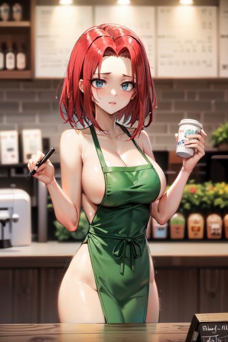 breast milk latte,naked apron , cleavage , sideboob , green apron, kallen stadtfeld, red hair , short hair , blue eyes , holding cup , marker , meme,cafe 