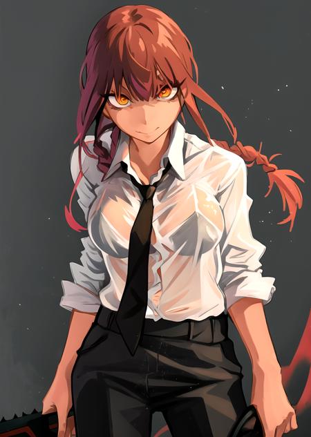 <lyco:GoodHands-beta2:1>,  1girl, <lora:makima_offset:1> makima \(chainsaw man\), standing, red hair, long braided hair, golden eyes, bangs, medium breasts, white shirt, necktie, stare, smile, ringed eyes, black necktie, simple background, see-through, closed mouth,