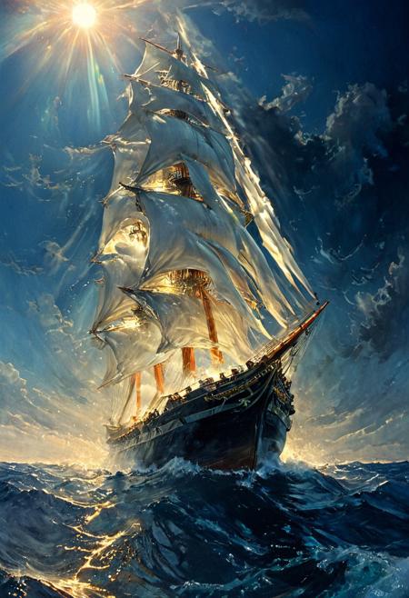 8K, ultra-detailed, cinematic lighting, hyper-realistic digital artwork. Photorealism meets Impressionism, capturing a dramatic seascape at night. A traditional wooden sailing ship with multiple masts and white sails is navigating through choppy, dark blue waters. The ship is positioned slightly to the left, with the sun shining brightly in the upper left quadrant, creating a radiant halo and lens flare effect. The refracted rays illuminate the turbulent water in sparkling hues of green, blue, and gold. The ship's rigging and sails are intricately detailed, rendered in sharp Photorealistic clarity. The sky above is deep, dark blue with scattered wisps of clouds, painted loosely in Impressionistic strokes to convey dynamic motion. The turbulent waves beneath are rendered with expressive brushwork, their motion captured in soft yet vivid blues, greens, and golden reflections. The light and shadows create depth and movement, with the entire composition evoking a sense of grandeur and majesty, balancing the sharp realism of the ship against the fluid, energetic nature of the sea. The mood is dramatic and immersive, with the light adding a touch of ethereal beauty to the scene.