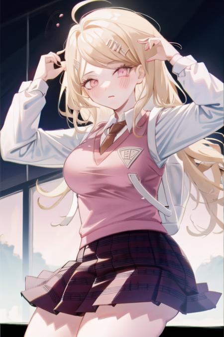 <lora:KaedeDG:1>, KaedeDG, 1girl, skirt, necktie, sweater vest, breasts, looking at viewer, shirt, long sleeves, pleated skirt, solo, backpack, beamed eighth notes, white shirt, cowboy shot, print skirt, collared shirt, blush, medium breasts, school uniform, striped,