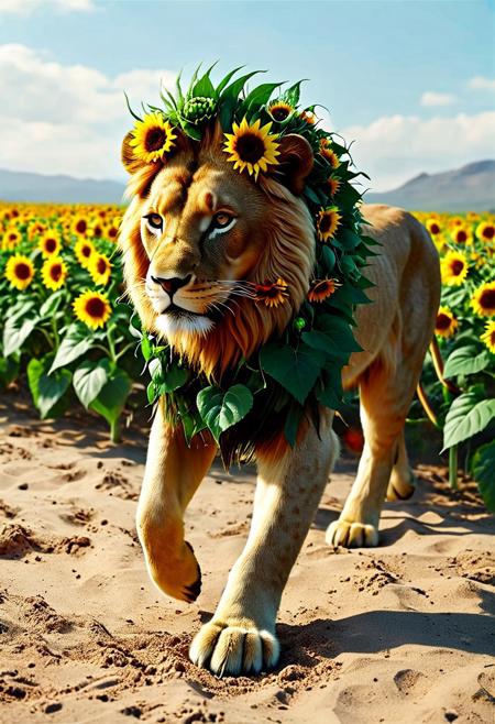 a majestic lion striding purposefully across the vast expanse of the African savanna. Golden sunlight bathes the landscape in a warm, inviting glow, while a soft, hazy sky stretches out infinitely above, painted in delicate tones of powder blue and lavender.
Now visualize the lion's silhouette becoming enveloped in a lush, verdant haze. As if transported magically from the jungle, a symphony of rich foliage fills the contours of the king of beasts' form. Graceful branches and leaves spill out from the edges of his muscular shoulders, draping down his flank like a mantle of emerald satin. Vines twist and coil around his powerful forelegs, while clusters of vibrant flowers bloom from the tufts of his ears and beard.
Despite this sudden eruption of plantlife, the lion moves with the same fluid ease and dignity as before. Each stride carries him calmly forward, hooves sinking softly into the sandy soil. His expression conveys a profound sense of peace and contentment, as if he were communing intimately with the very essence of the wilderness.
Made of Sunflowers, 
3d-rendering, concept-art, digital, dreaminess, futuristic, eeriness, fantasy, other-worldliness,  colorful, sci-fi, technological, alien worlds, space themes, advanced civilizations, 
best quality, masterpiece, aesthetic, intricate details, highly detailed, ultra-detailed, absurdres, unreal engine, octane rendering, vivid, vibrant,