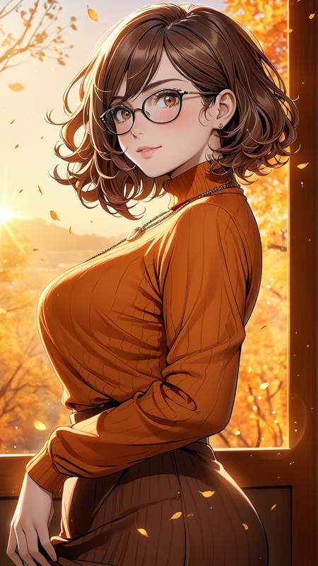 A stylish woman in vibrant orange turtleneck, large glasses, short wavy hair with soft curls, brown hair,  glowing background, golden hour lighting, highly detailed face, soft fabric textures, elegant necklace, anime-style character, hyperrealism, warm autumn tones