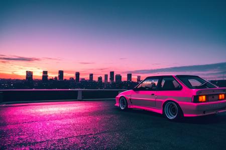 A {white|black|red|blue|pink) car is parked by the road :: pink sunset and city in the background :: 1980 :: Luxyry style :: Hyperdetailed : Ultra realistic :: cinematic :: Neon lighting :: Unreal engine :: RTX --ar 2:3, (VAZ2113),  <lora:VAZ2113:0.8>