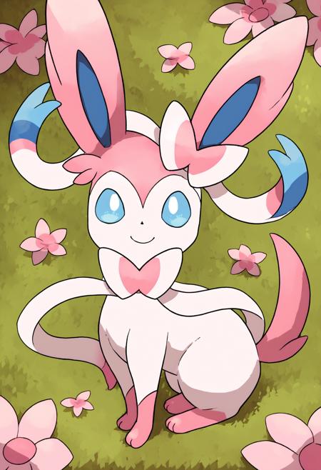 SYLV30N, white body, pink paws, pink tail, pink ears, long ears, blue inner ears, ribbon, bow, ribbon-like feelers, quadraped, light blue eyes, colored sclera blue sclera animal focus chibi