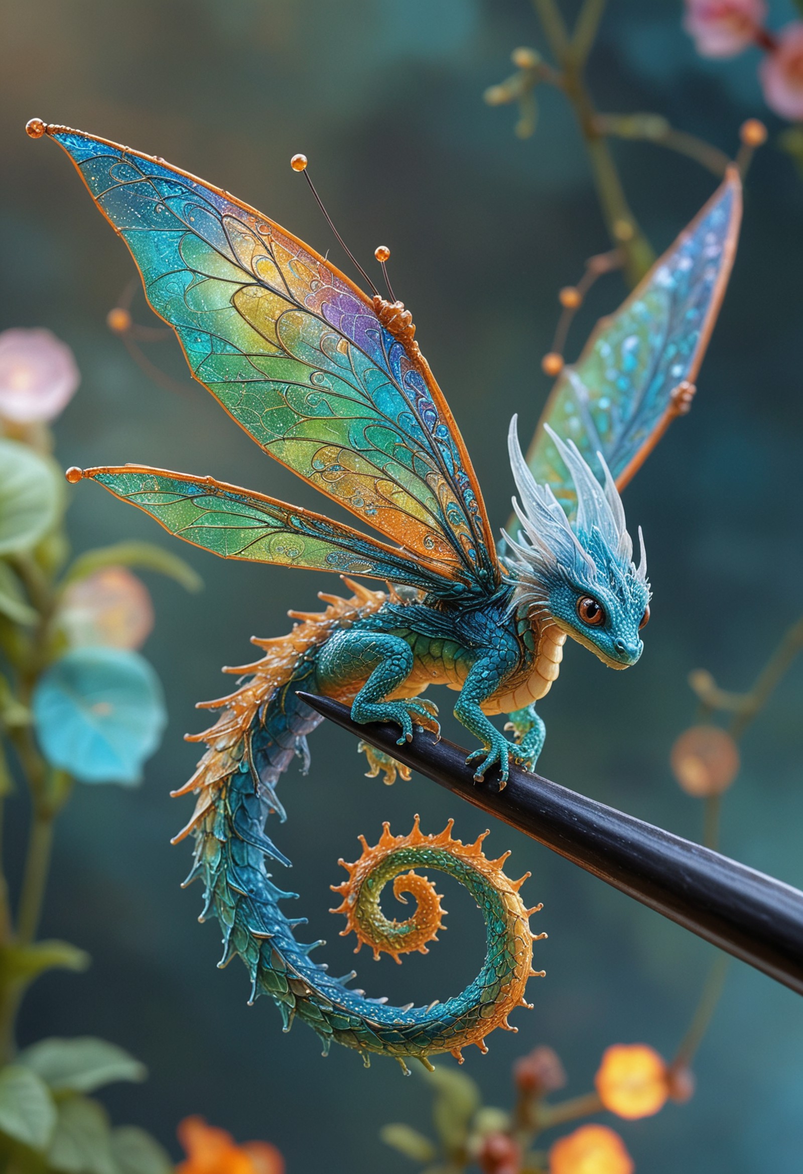 A fantastical creature that appears to be a blend between a dragon and a dragonfly, perched on a slender branch. The creature is adorned with intricate scales and an elaborate, curling tail reminiscent of a seahorse. Its wings, bear the delicate veining and iridescent colors typical of dragonfly wings, are outstretched and glisten with dew-like droplets. The creature is set against a soft-focus background.