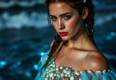 A close-up of a young woman wearing an oceanic-themed gown made from polished shells and shimmering fish scales. Her hair is braided with strands of glowing seaweed, and she stands on the shore as bioluminescent waves crash behind her, casting a soft blue glow across her face.