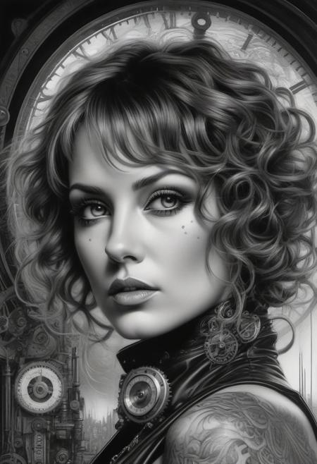 Carne Griffiths painting steampunk woman 40 years old curly bob aricut with fine tattooed skin details, sf, intricate artwork masterpiece, black and white pastel ratio, background is the apocalyptic scene during night on golden hour, ominous, matte painting movie poster, by Eduardo Kobra