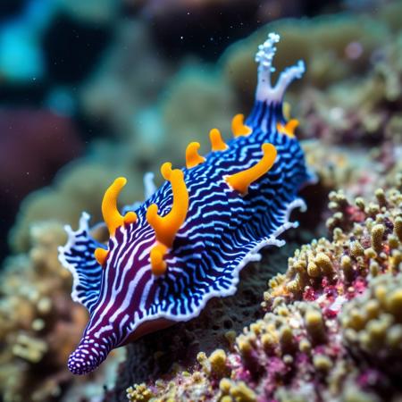 underwater high angle shot of close up of a colorful Nudibranch sea slug on a coral with a blurry background, underwater macro photography, a macro photograph, naturalism