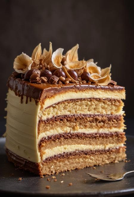 RAW photo, Slice of cake, Michelin Star plating, Layer Cake Slice, side view, layers shown, many layers, appetising, food photo, DSLR, soft lighting, high quality, film grain, Fujifilm XT