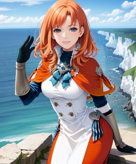 portrait, (adult woman), (1girl, solo), smile, (orange hair), ((coast, bay, cliffs, ocean)), (distant castle on a cliff), ((best quality, high detail)), ((masterpiece)), <lora:Annette_FE:0.7> (annette_war), medium hair, caplet, gloves, dress, <lora:1_iizukitasuku_20e:1>