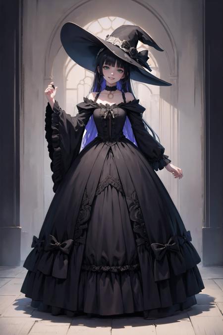 <lora:wrenchrococodome:1>, wrenchrococodome, hat, <lora:pa san by Goofy Ai:1>, pa san, green eyes, long hair, black choker, hime cut, full body, evil grin,