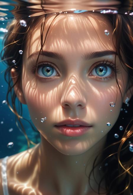 Extreme close-up professional underwater scene focusing on her face. (A woman, fanciful and beautiful underwater). Pure face complexion, radiant features. Beautiful, very detailed expressive eyes. A single water level. Photorealistic, natural ambient lighting, intricate details, 35mm photography, film, professional, 4K visuals, highly detailed, elegant, studio quality.