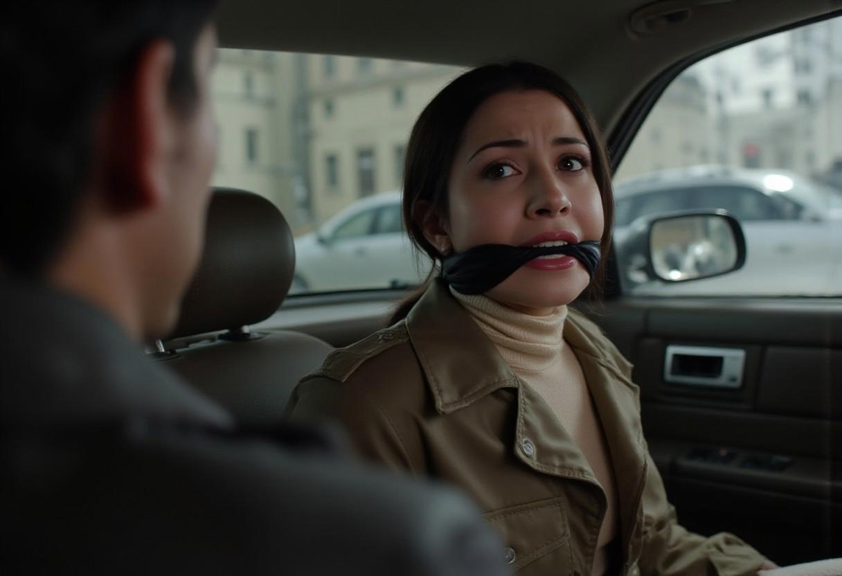 masterpiece, 8k, professional photography, cinematic shot,
foreground : a man out of focus driving the car,
background : A stunning 20yo turkish woman in focus dressed in a khaki parka and a beige turtleneck sweater, sitting in the back seat of a car, subtle makeup, eyeliner, dark eyes, black hair, earrings, (arms behind back:1.3), (hands hidden behind her back),
((gagged)), ((black c1eavegag)), ((struggling)),