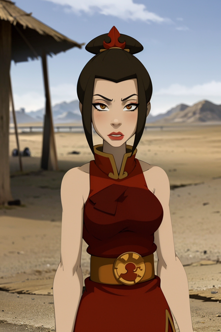 masterpiece, best quality, 1girl, azula, lipstick, makeup, looking at viewer, upper body, sun, blue sky, desert background <lora:Azula:0.8>  <lora:WakfuStyle:1>