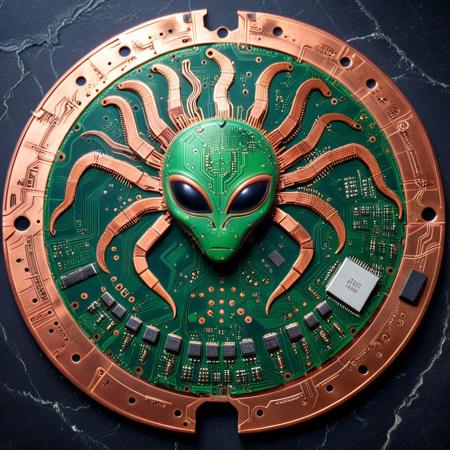 an alien relic resembling a fragmented PCB disk, glyphs etched into copper pads, traces forming cryptic diagrams, embedded quartz and resistors pulsing in rhythmic light, background pulsating with EM echoes, pcb_style
