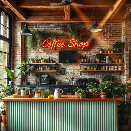 an image of a modern coffee shop interior with a warm and inviting atmosphere. The scene features a wooden counter with a mint-green ribbed panel, topped with a small tray of lemons, a white ceramic pitcher, and a rectangular planter with green herbs. Behind the counter, a rustic brick wall is lined with wooden shelves holding bottles, jars, coffee-making equipment, and decorative items, including a small television screen. Above the counter, a wooden sign with glowing orange neon lights spelling 'Coffee Shop' is surrounded by cascading green plants. The space is filled with lush greenery, with potted plants on the counter, shelves, and floor. The ceiling has exposed wooden beams and black industrial pendant lights, while large windows on the left allow natural light to flood in. Add a dramatic ray of light streaming through the windows, illuminating the counter and casting soft, golden beams across the wooden floor, highlighting the textures of the brick wall, plants, and wooden elements, enhancing the cozy and earthy ambiance of the coffee shop