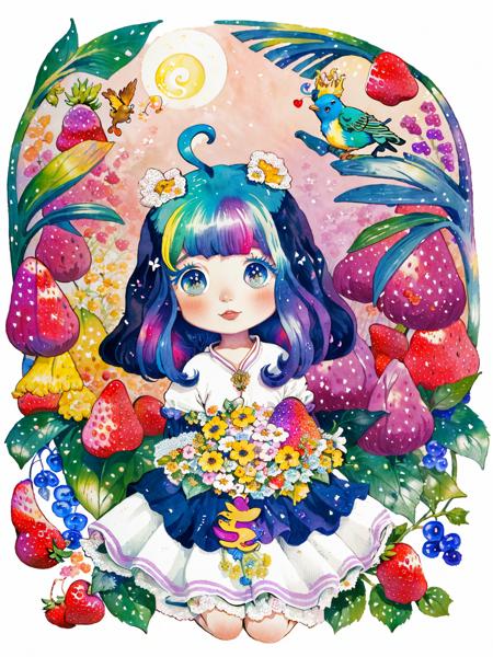 (((portrait))) ,(((masterpiece))),(((best quality))), ((ultra-detailed)), (illustration), ((an extremely delicate and beautiful)),floating, (beautiful detailed eyes), (detailed light),(((fruit))),flowers,(((((colorful))))),garden,by alan lee,colorful background,forest,bird,butterfly,<lora:mkru:1>mkru chibi