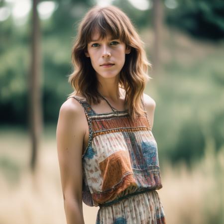 <lora:jamieleecurtis_resized_256_bf16:1> jamieleecurtis, a close up portrait photo of 26 y.o woman in, makeup, (Boho_printed_dress:1.5),(Straw_wedge_sandals:1.4),(Beaded_bracelets:1.3),(Botanical_garden_background:1.2), long haircut, pale skin, slim body, background is city ruins, (high detailed skin:1.2), 8k uhd, dslr, soft lighting, high quality, film grain, Fujifilm XT3