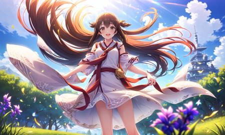 (masterpiece), (best quality), (ultra-detailed),(best shadow:0.7), (best illustration), (an extremely delicate and beautiful), photorealistic, finely detail, 1girl, grassy hill, blue sky, white cloud, sunlight, diffraction spikes, from below, finely detailed pupil, far from viewer village, BREAK, (akagi:1.22) from kantai collection, (feet out of frame), finely detailed iris, finely detailed hair, disheveled hair, brown eyes, brown hair, smile, (white sundress:1.22), open mouth, standing, medium breasts, hair ribbon, (wind:1.22)