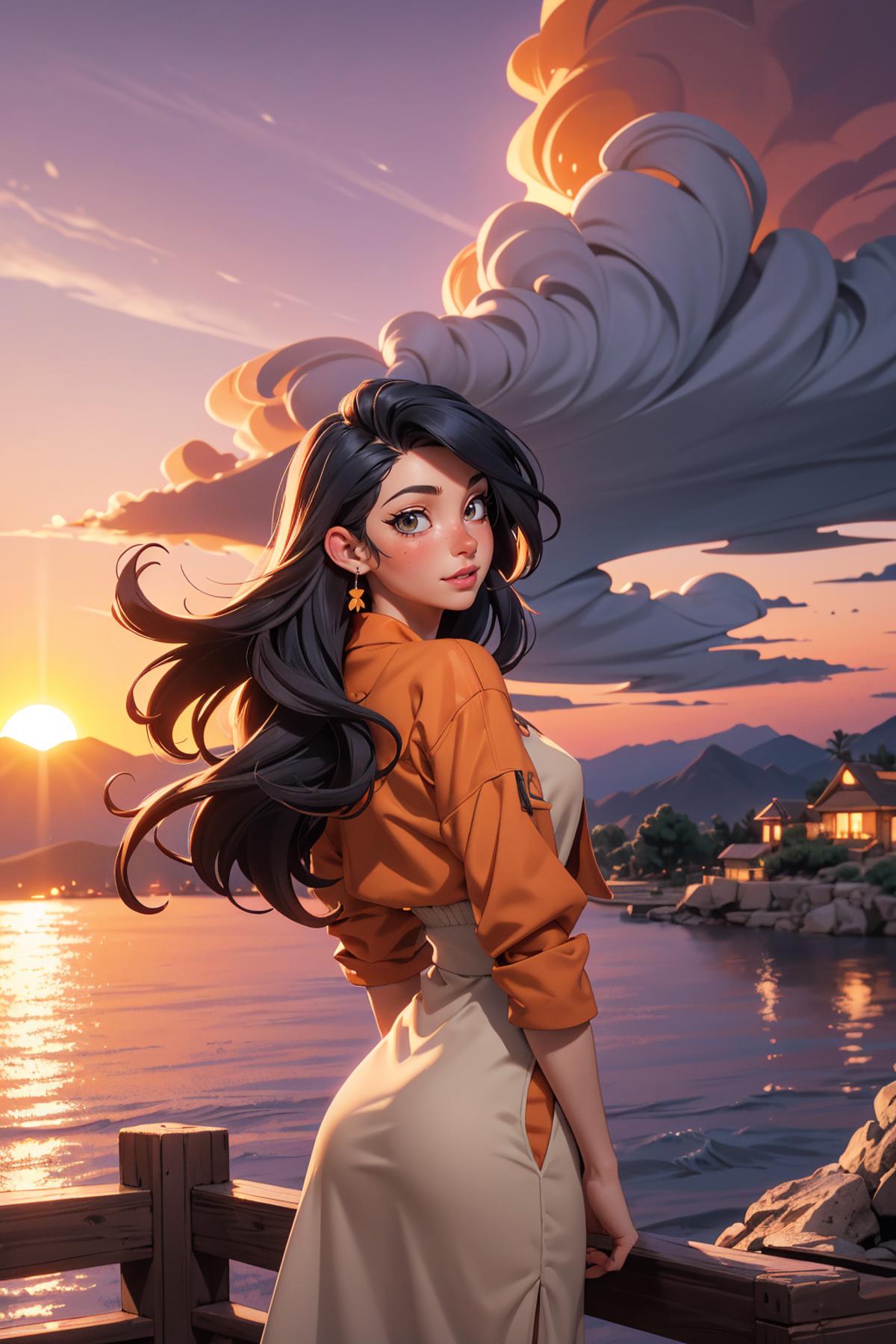 Anime-style illustration of a woman with long black hair, wearing an orange jacket, standing near a body of water with mountains in the background.