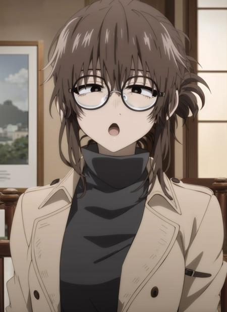 masterpiece, best quality, high quality, 1girl, solo, <lora:uguisuAnkoYofukashiNo_v10:0.8>, uguisu_anko, glasses, round eyewear, brown hair, folded ponytail, black eyes, turtleneck sweater, black sweater, trench coat, brown coat, open coat, portrait, indoors, anime screncap, :o , gesugao