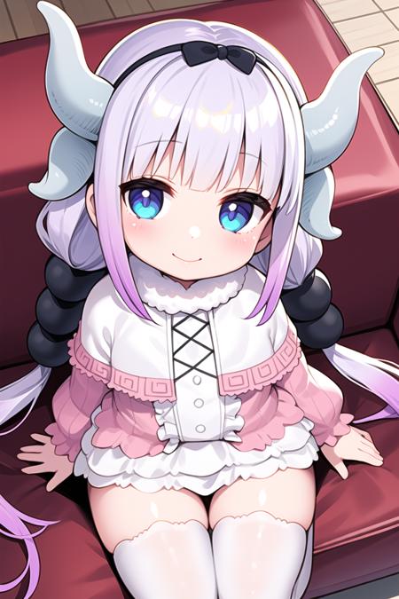 1girl,  <lora:Kanna5-15:1>, kannakamui, dress, dragon horns, thighhighs, hair beads, low twintails, sitting, couch, from above, looking up, light smile,