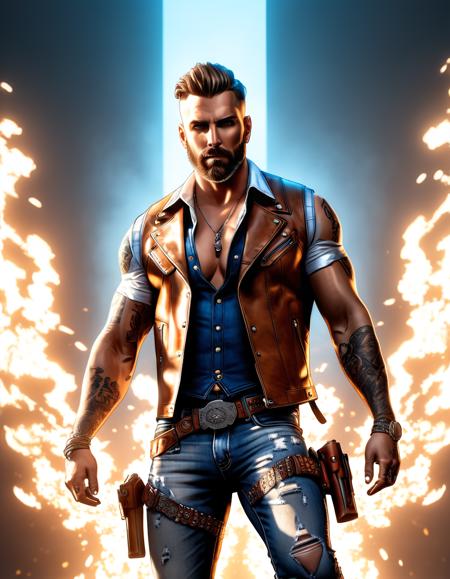 paintedcomic, dutch angle, from below, foreshortening, tattooed man (with a handsome face and short beard) in a leather vest, ripped jeans and cowboy boots standing above viewer in a dynamic pose shooting his twin flaming revolvers at the viewer in a low camera angle action scene, foreground objects dust and volumetric lighting, bright cinematic lighting, professional color grading