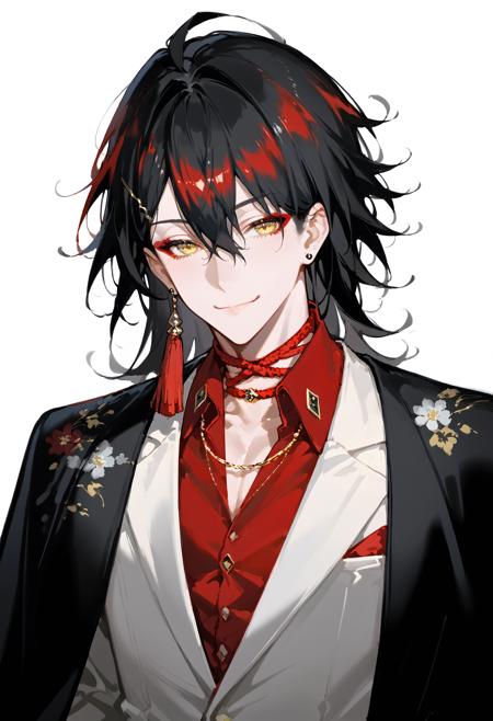 Vox Akuma, 1boy, black hair, yellow eyes, tassel earrings, jewelry, red hair, multicolored hair, red shirt, hair over one eye, floral print, white jacket, single earring, collared shirt, long hair, red eyeshadow, formal, red choker, black kimono, suit, streaked hair, hairclip, dress shirt, hair ornament, vest, eyeliner, one eye covered Vox Akuma, 1boy, black hair, yellow eyes, multicolored hair, red hair, red eyeshadow, medium hair, hair between eyes, hair ornament, red eyeliner, hairclip,