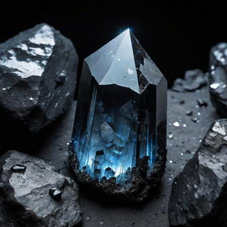 A black Nuummite-like crystal, shaped like a hexagonal prism, glows from its apex with intense light that seems to pulse with ancient energy. The black crystal has facets that refract the light in multiple directions, creating sparkles and bright points on its polished surface. The black crystal is partially embedded in a dark gray rock formation, with tiny blue and gold mineral veins snaking around its base, encircling it as if the stone had naturally formed around it over millennia. Small, sharp black crystals emerge from the surrounding rock, forming a natural frame that enhances the black glow of the main crystal. The setting is a completely black, hazy cavern, where distant rock formations and tiny glimmers of other luminescent minerals are glimpsed, creating an eerie space that makes the black crystal the focal point of the image. The lighting is dramatic, with the crystal as the primary light source, projecting a diffuse halo of fluorescent light that gradually fades into the surrounding darkness, subtly revealing the textures of the wet stone. The atmosphere evokes a mystical and powerful feeling, as if the crystal contained ancient energy trapped in the earth for eons. Technically, the image possesses a photorealistic quality with high contrast, shallow depth of field, and perfect definition of the textures of the clear crystal and rough stone.