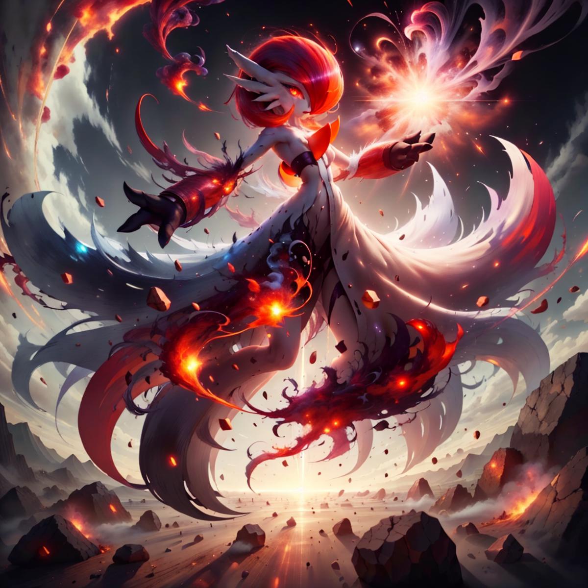 A fantasy artwork featuring a woman with red hair and wings, surrounded by flames and holding a magical sphere.