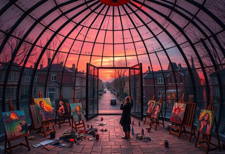 Middle Ages, vivid warm colors, asymmetric layout, suburbs, an interior of a grotesque building in a shape of huge dome made completely of glass, art studio inside the dome, large open glass gates in the dome, some  easels of different sizes placed haphazardly with colorful canvasses on them, cans and bottles with paints and spirits, rows of easels string out via the gates to the streets, red dusk outside the glassy dome, a teacher paints while his adepts watch