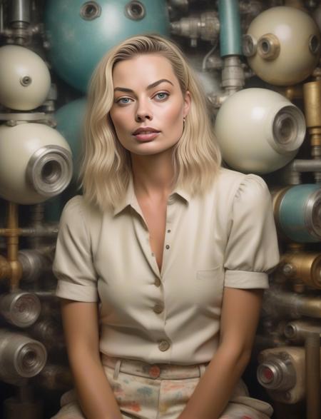 MargotRobbie, art by Hikari Shimoda, (art by Anna and Elena Balbusso:1.1) , photograph, Rickety well-built (Girl:1.1) , wearing Exceptional Contemporary Alabaster Low-rise pants, Noxious Wrinkles, Anxious Mechanical Arms, Cel shading, Amusing, film grain, film camera, L USM,  <lora:MargotRobbieSDXL:1>