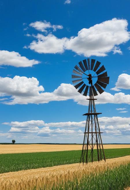 Antique windmill with 4 grinding blades rotating by the force of the wind activating it, background large wheat fields and blue sky with cumulus clouds