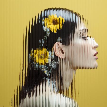 a  woman profile long hair with flowers,  yellow background,  curved glass,  textured glass, fluted glass <lora:SDXL_Textured_glass_Test_Sa_May:1>