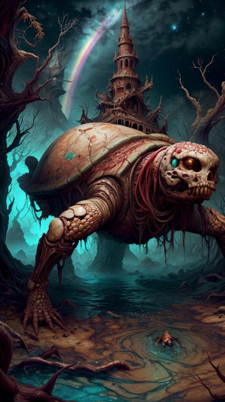 RAW Photo of worldofundead AN 8K RESOLUTION, MATTE PAINTING OF THE WISE AND ANcIENT alien TURTLE, swimming THROUGH a rainbow nebula BY BOB EGGLETON AND MICHAEL WHELAN. TRENDING ON aRTSTATION, hd, highly detailed, vibrant colors, astrophotography, volumetric lighting, dynamic portrait, wide lens, mass effect fan art, skeletal, rotten flesh, rotting, blood, gore <lora:WorldofUndead:1><lora:add_detail:0.6> <lora:LowRa:0.2>, (Masterpiece:1.3) (best quality:1.2) (high quality:1.1), vivid details,dynamic,lightroom,soft focus,RAW photo,sharp focus,enchanting atmosphere,Establishing shot,8k hdr,golden ratio