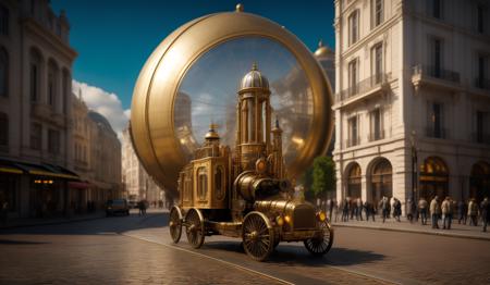 <lora:JJsSteamPunk_SpaceStyle:.7>, ((masterpiece)) , ((best quality)), ((SteamPunk)),RAW photo, subject, 8k uhd, dslr, soft lighting, high quality, film grain, Fujifilm XT3 outdoors, sky, day, cloud, tree, blue sky, ground vehicle, building, scenery, road, real world location, truck, flag, , lots of trees, sunlight, public blocks,daytime,lively city streets, enough detail, high resolution,super realistic, Photorealistic, highly detailed, <lora:add_detail:0.5>