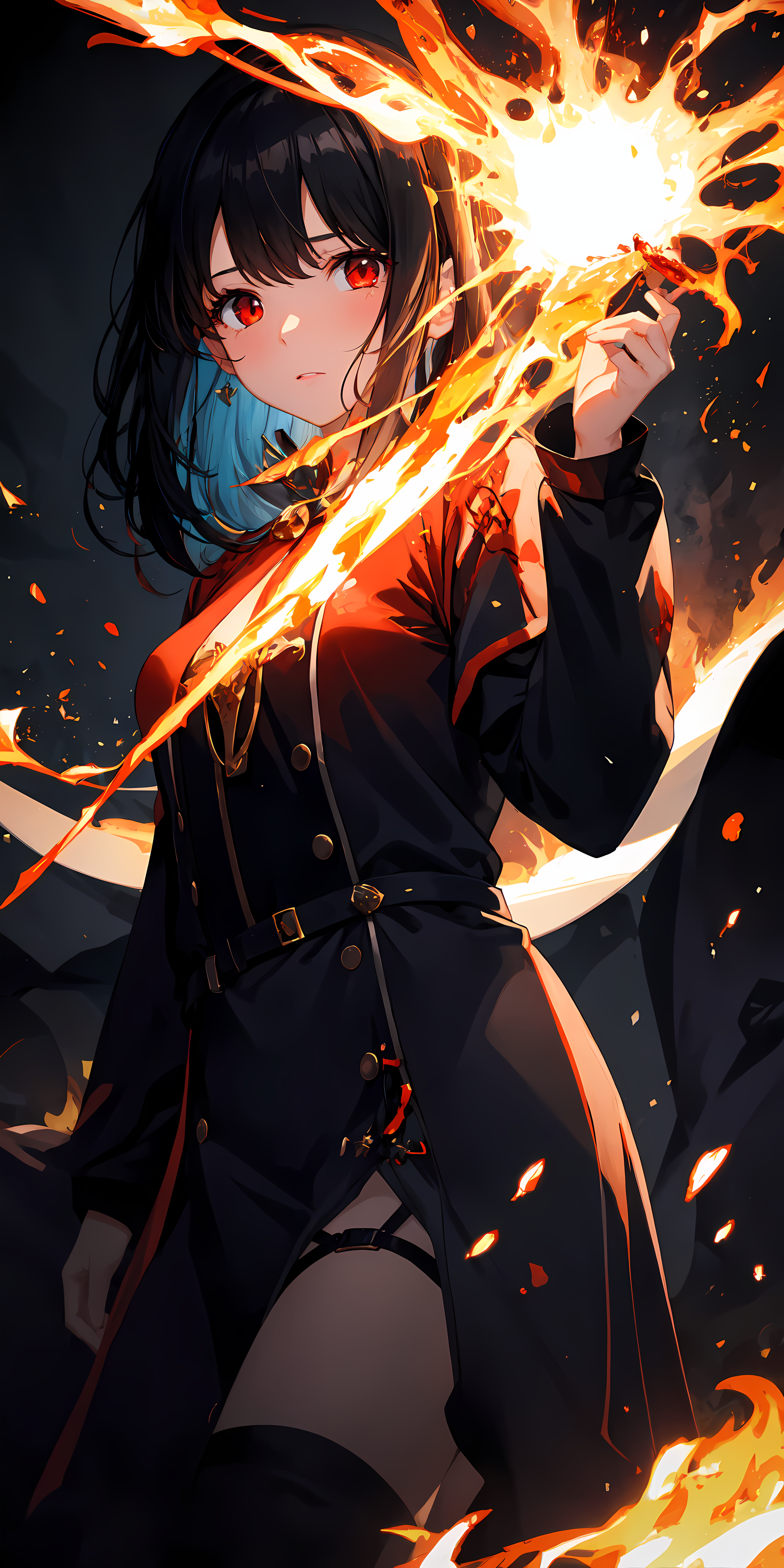 1girl, black hair, red eyes, fire witch, blood, light particles, light rays, wallpaper, high contrast, colorful,