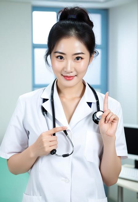 medium body shot, photorealistic real photo of a gorgeous korean woman, black hair, high ponytail with curl, around 25 years old, soft oval face, small chin, large slightly downturned eyes with subtle crease, sharper v-line jawline, delicate refined nose, softly lifted lips, balanced face, defined smile with prominent cheek lift, gently arched brows, flawless porcelain skin with cool tone. slender body, medium breast.
outfit: "a crisp white doctor's coat over professional attire, with a stethoscope".
pointing with index finger at the viewer with right hand. using a gun gesture while the thumbs is clenched. left hand stay.
background: "a clean hospital examination room with medical equipment".
high-resolution, detailed skin texture, natural lighting. (masterpiece, best quality, ultra detailed). (((sfw)))