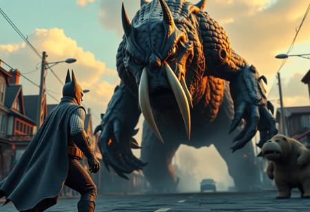 "Create a high-definition, lifelike image of an epic Batman facing a giant creature, inspired by theCHAMBA, in the style of claymation and mansions of madness. The scene is a symmetrical, maximalist oil on canvas, with a focus on micro details using the golden ratio. Depict Batman chasing a robber down a street, with a walrus character observing. This image should be trending on ArtStation and suitable for a promotional still on a store website or CGI society."