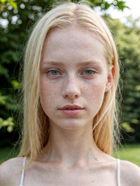 portrait of a pale 18 year old blonde model named Marie with bright eyes, summer dress, no makeup, natural, freckles, beauty spots, submissive expression, hard shadows, soft lighting, sharp focus, skin details